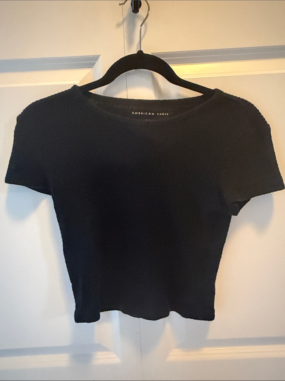 American Eagle Outfitters Black Waffle Cropped Short Sleeve Tee Women's Size S